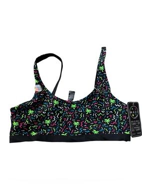 Maui‎ and Sons Swim NWT Bikini Top M Black Neon Palm Reversible Racerback